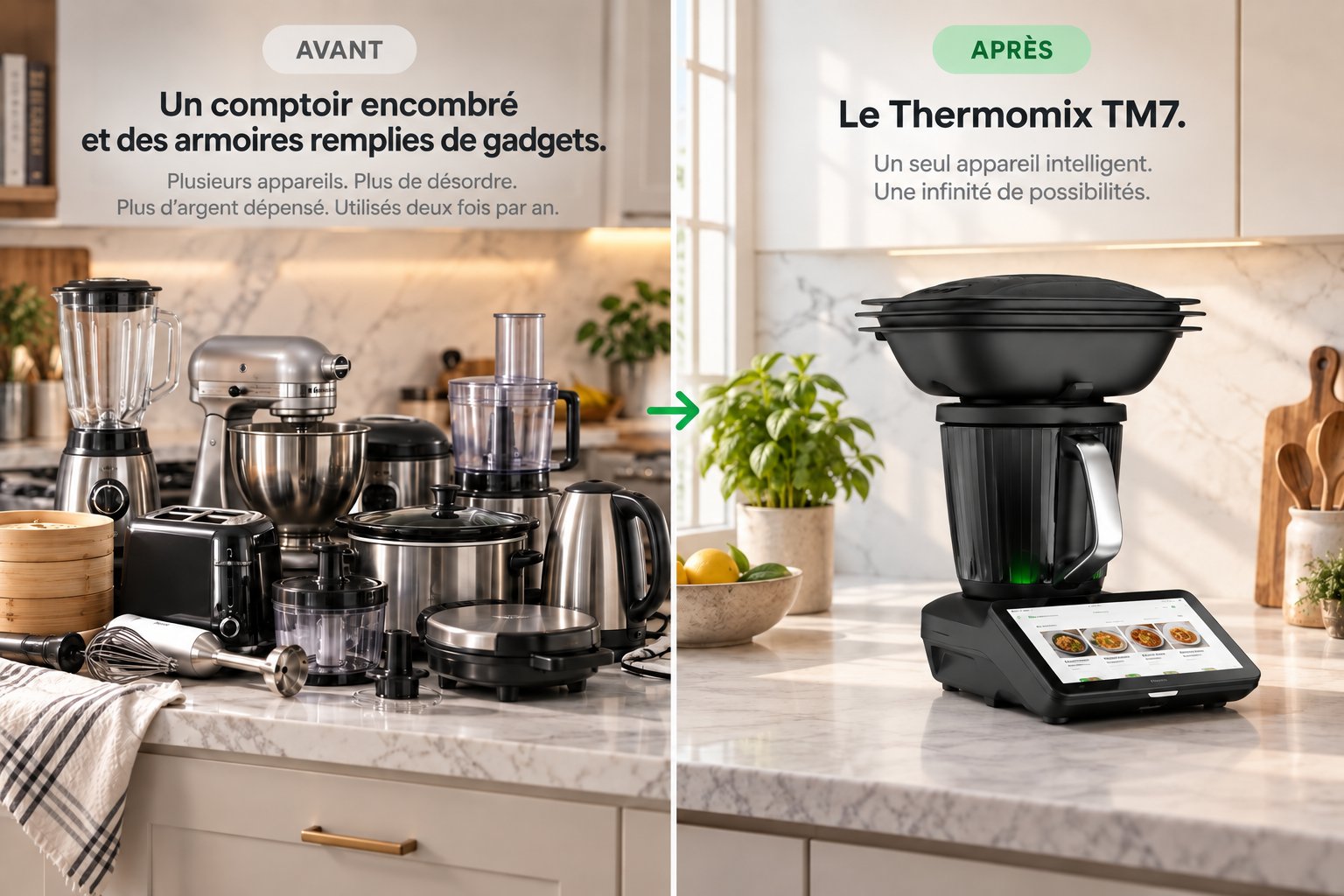 Avant : un comptoir encombré avec un mélangeur, un batteur sur socle, un robot culinaire, une mijoteuse et plus encore. Après : le Thermomix TM7, un seul appareil intelligent qui les remplace tous.
