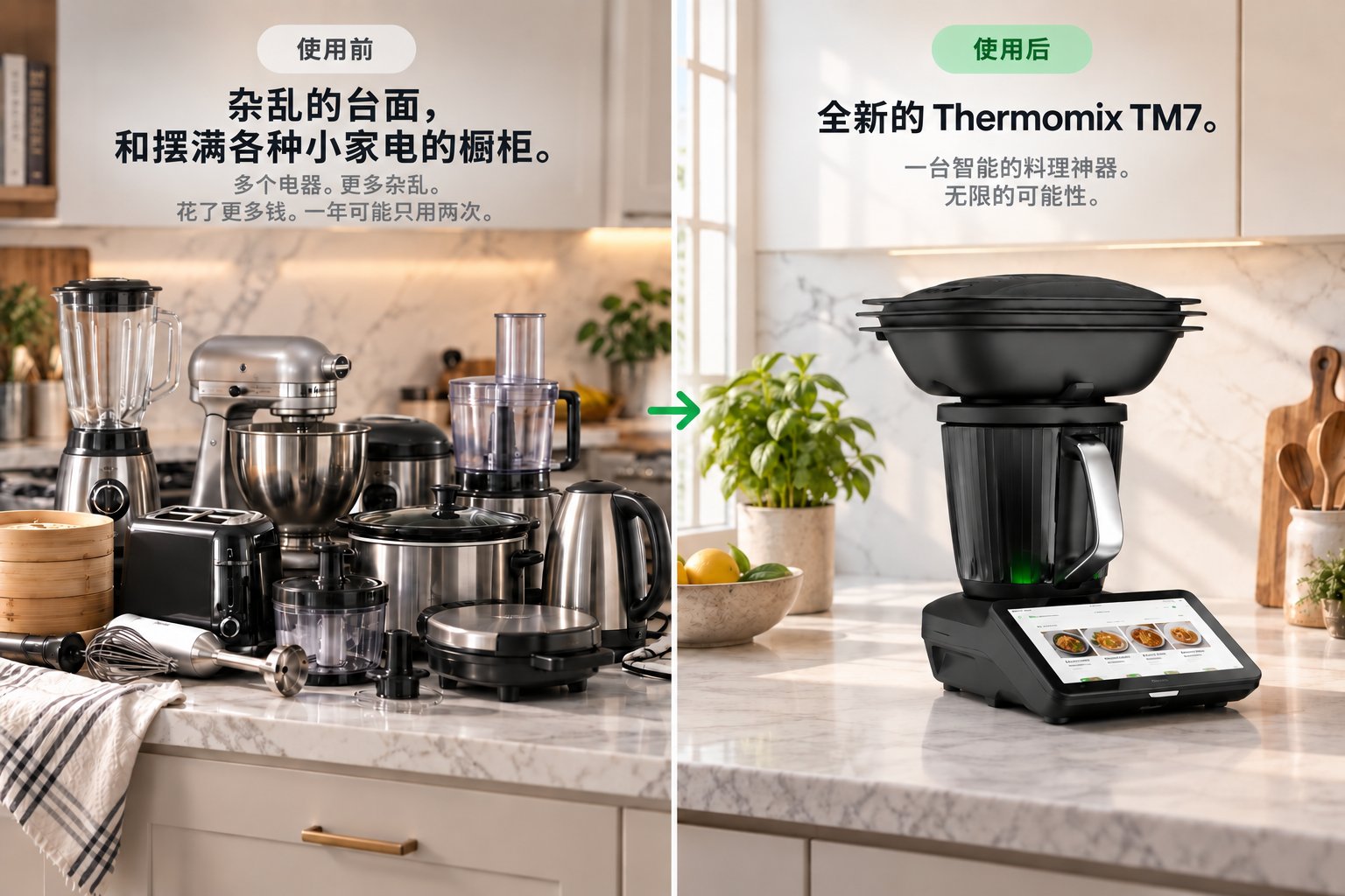 使用前：杂乱的台面上摆满了果汁机、台式搅拌机、食品加工机、慢炖锅等电器。使用后：一台 Thermomix TM7 取代了所有这些电器。