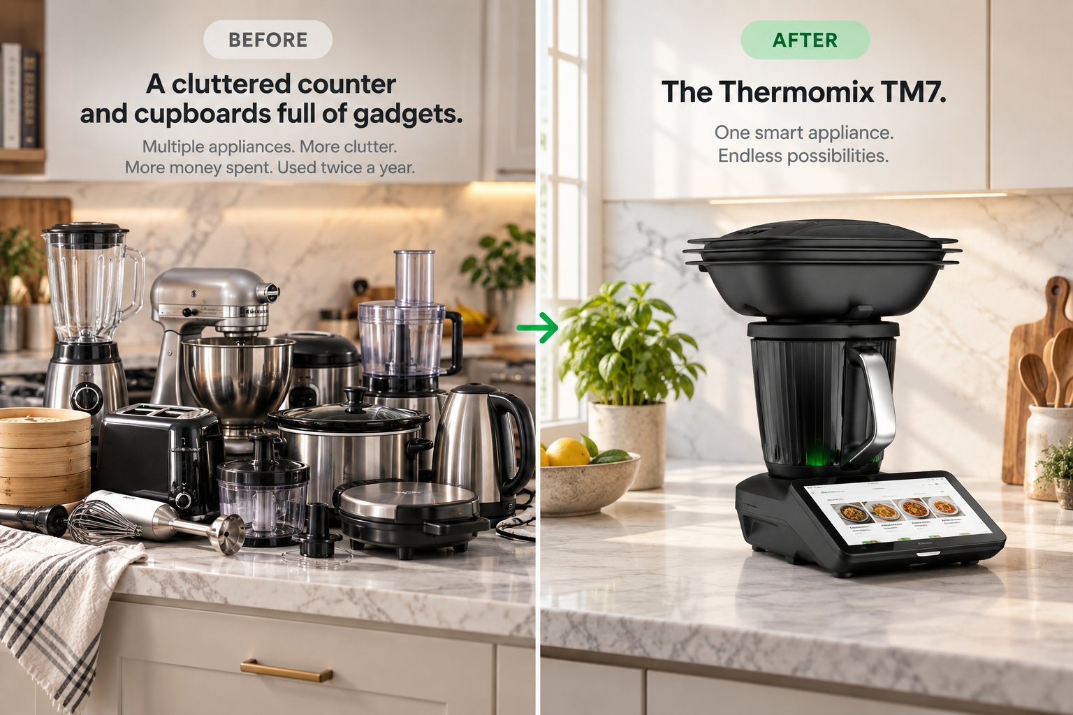 Before: a cluttered counter with a blender, stand mixer, food processor, slow cooker, and more. After: the Thermomix TM7, one smart appliance replacing them all.