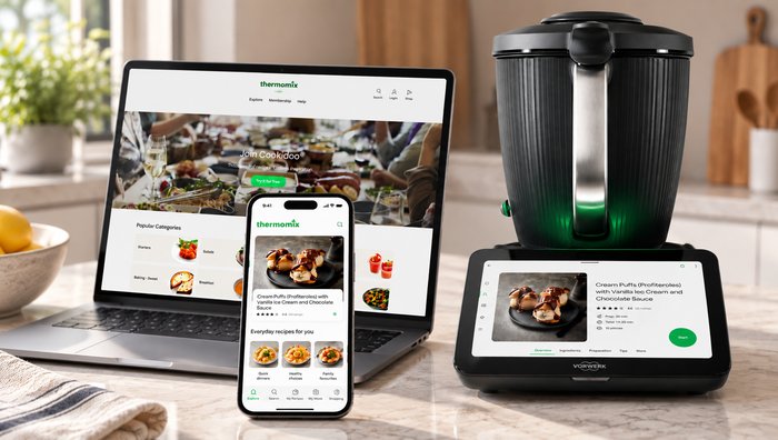 Cookidoo open on a phone, laptop, and the TM7 touchscreen at the same time