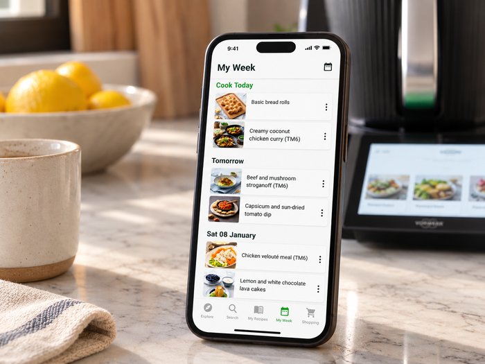 Cookidoo My Week screen showing a day-by-day meal plan with recipes to cook today, tomorrow, and later in the week