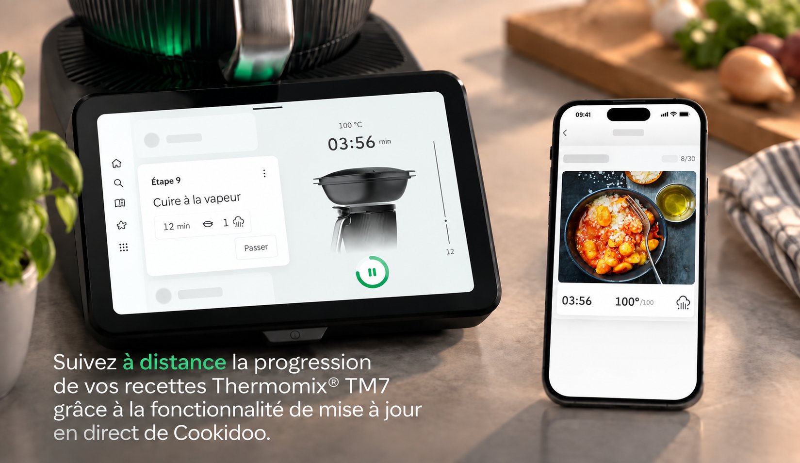 Suivi à distance de la progression de la cuisson du TM7 depuis un téléphone grâce à la fonction de mise à jour en direct de Cookidoo