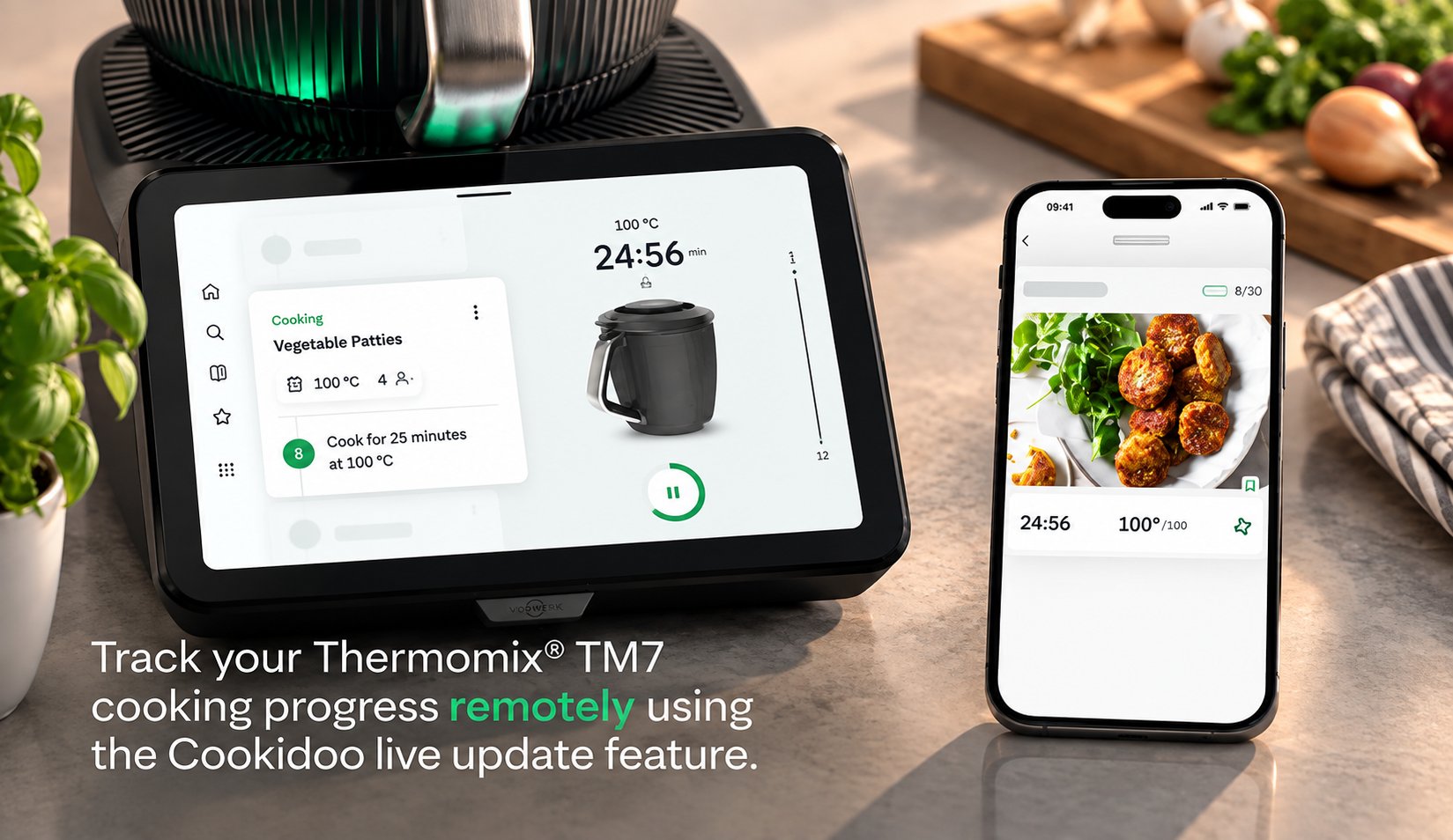 Tracking TM7 cooking progress remotely from a phone using the Cookidoo live update feature