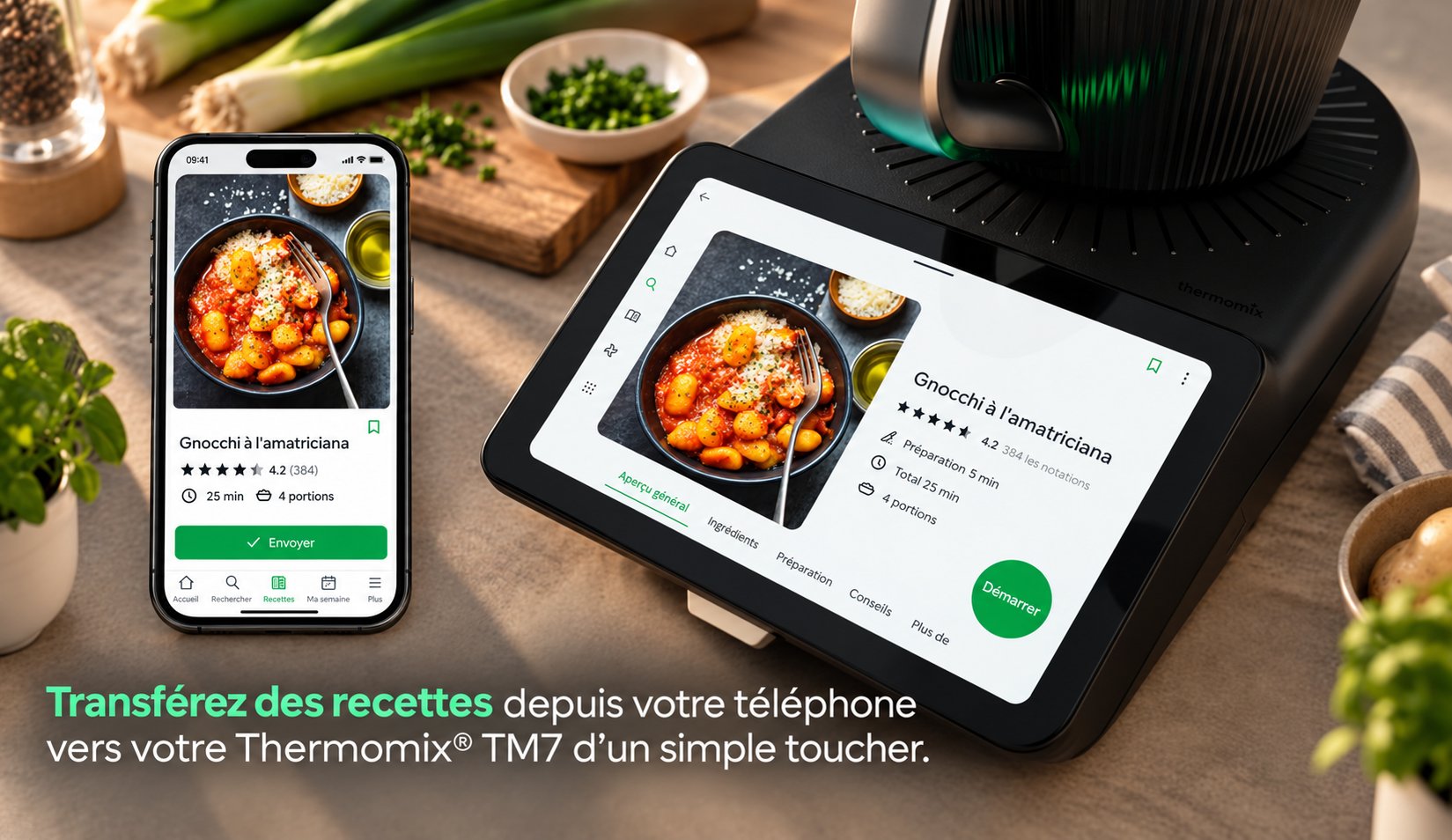 Envoi d'une recette de soupe aux poireaux et pommes de terre de l'application Cookidoo vers l'écran tactile du TM7 en un seul geste