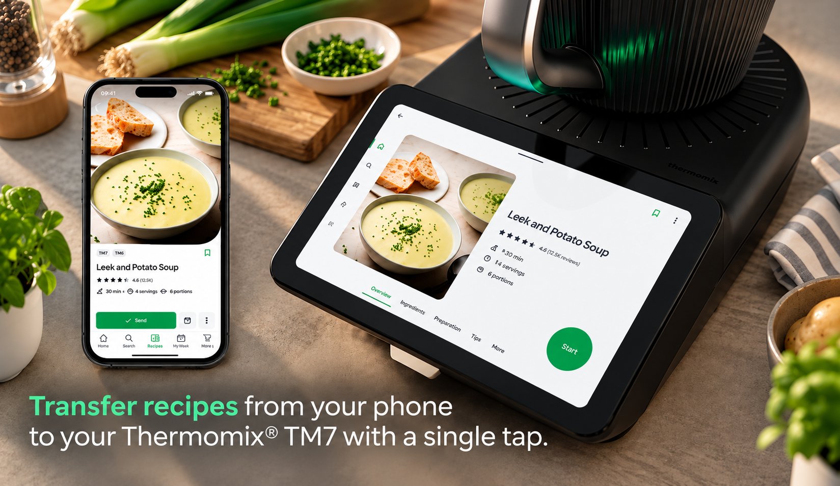 Sending a Leek and Potato Soup recipe from the Cookidoo phone app to the TM7 touchscreen with a single tap