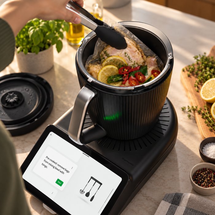 Sous-vide bag of chicken and vegetables in the TM7 mixing bowl