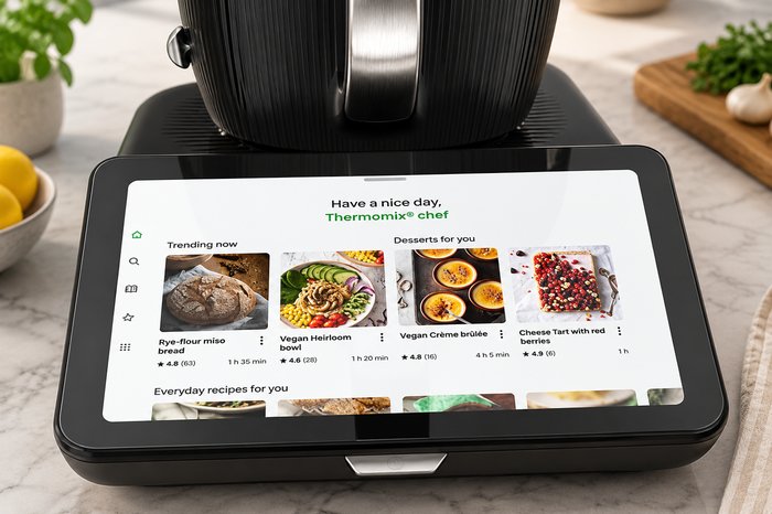 The TM7's 10-inch touchscreen showing trending recipes and desserts