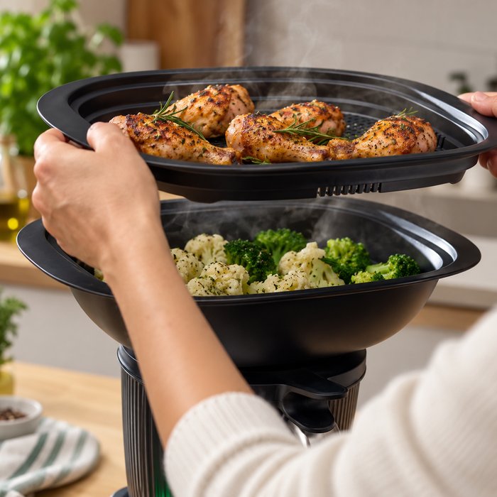 Smart multi-level cooking with the Varoma — chicken steaming on top while vegetables cook below