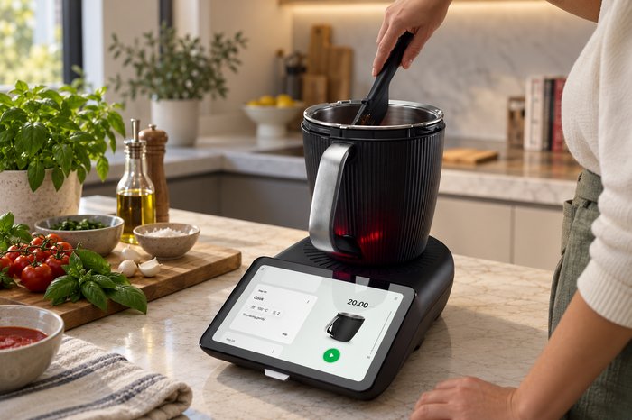 Stirring a sauce by hand in Open Cooking mode on the TM7 touchscreen