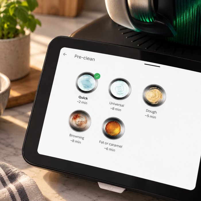 TM7 pre-clean mode options: Quick, Universal, Dough, Browning, and Fat or caramel