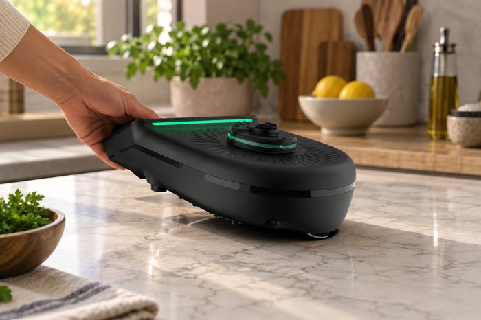 Tilting the TM7 on its built-in slider foot to move it across the counter