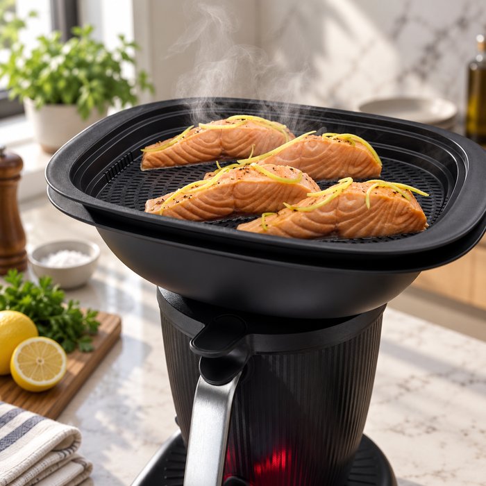 Salmon fillets steaming in the redesigned rectangular Varoma dish