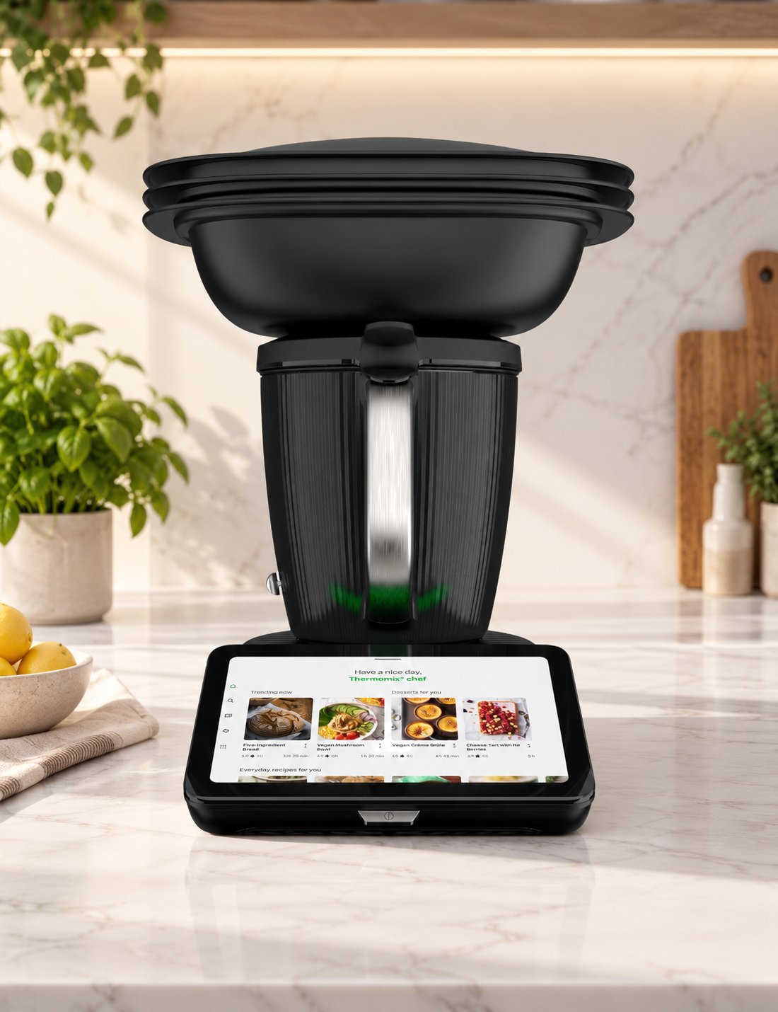 The Thermomix TM7 with its Varoma steaming set and touchscreen, on a kitchen counter